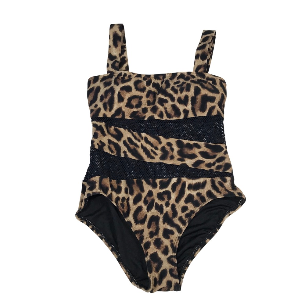 Carmen Marc Valvo Leopard Print Mesh Cut Out One Piece Swimsuit Brown Black 10